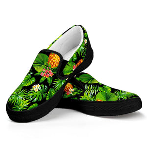 Black Hawaiian Pineapple Pattern Print Black Slip On Sneakers