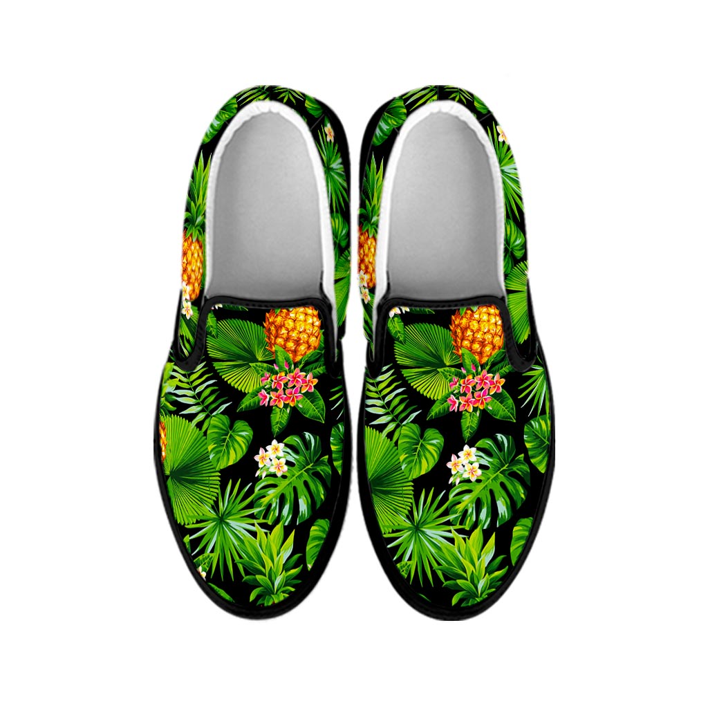 Black Hawaiian Pineapple Pattern Print Black Slip On Sneakers