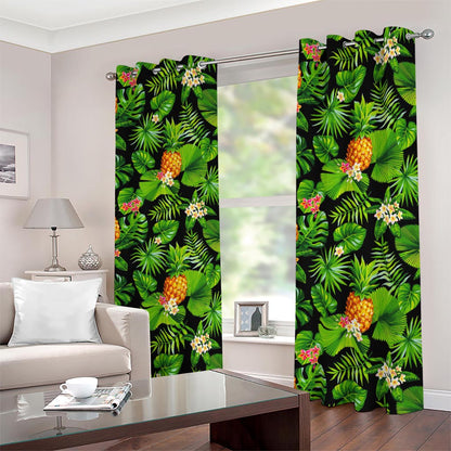Black Hawaiian Pineapple Pattern Print Blackout Grommet Curtains