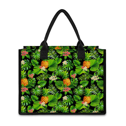 Black Hawaiian Pineapple Pattern Print Canvas Tote Bag
