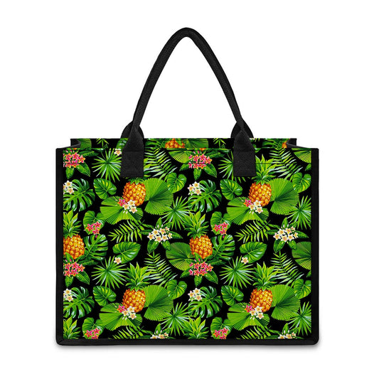 Black Hawaiian Pineapple Pattern Print Canvas Tote Bag