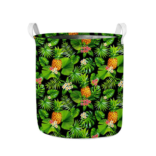 Black Hawaiian Pineapple Pattern Print Collapsible Laundry Basket