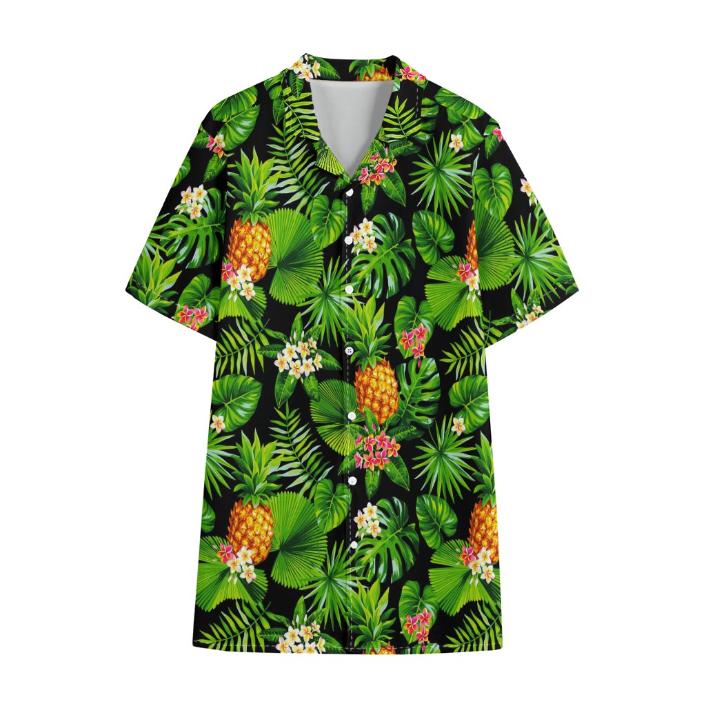 Black Hawaiian Pineapple Pattern Print Cotton Hawaiian Shirt