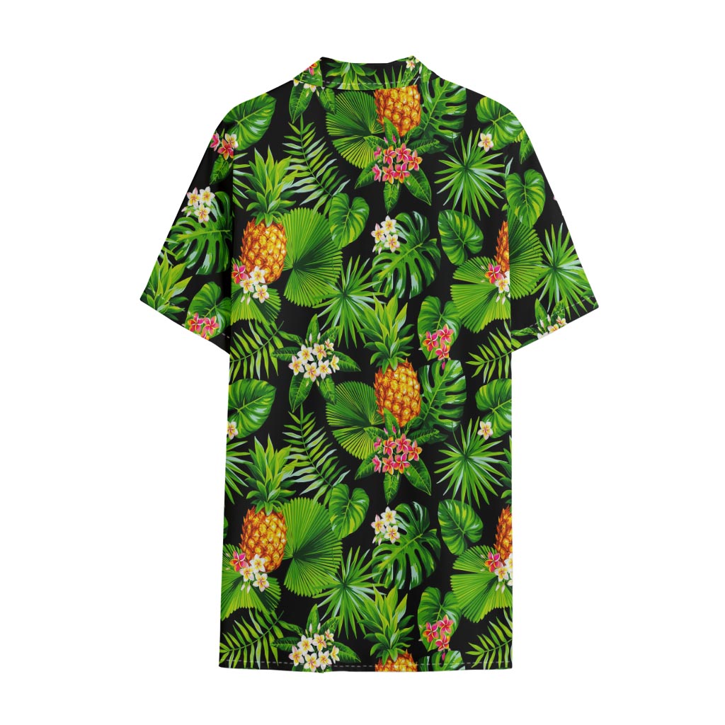 Black Hawaiian Pineapple Pattern Print Cotton Hawaiian Shirt