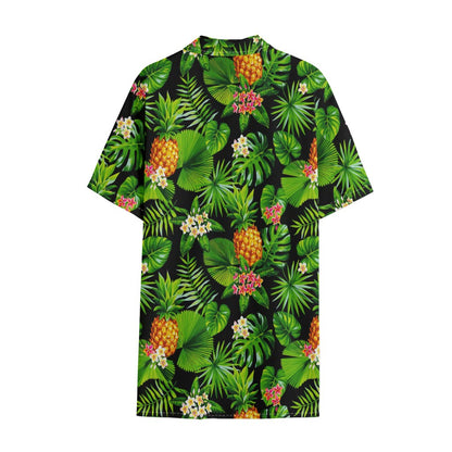 Black Hawaiian Pineapple Pattern Print Cotton Hawaiian Shirt
