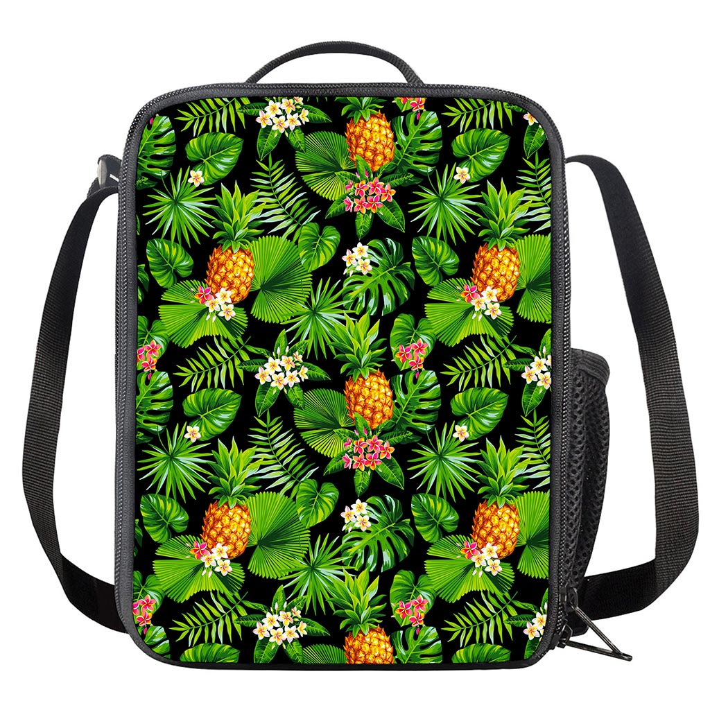 Black Hawaiian Pineapple Pattern Print Crossbody Lunch Bag