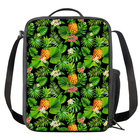 Black Hawaiian Pineapple Pattern Print Crossbody Lunch Bag