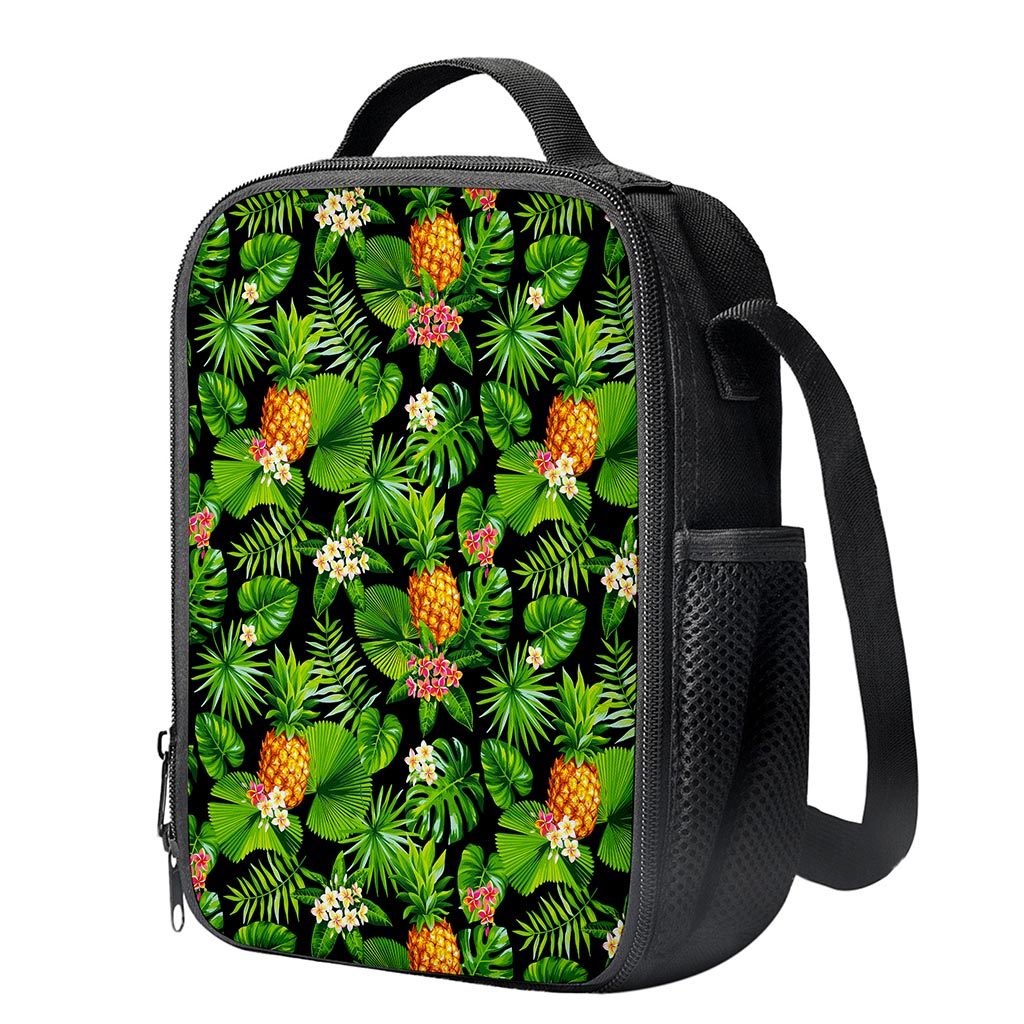 Black Hawaiian Pineapple Pattern Print Crossbody Lunch Bag