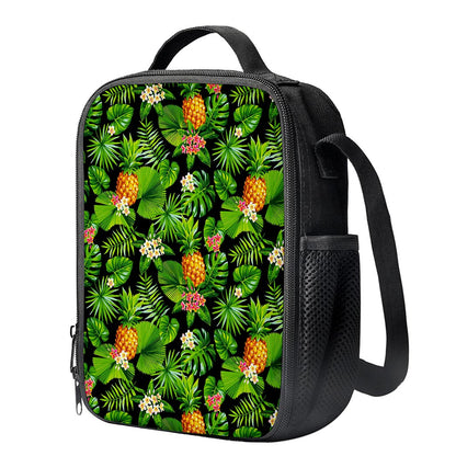 Black Hawaiian Pineapple Pattern Print Crossbody Lunch Bag
