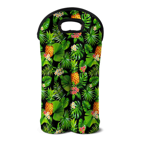 Black Hawaiian Pineapple Pattern Print Double Neoprene Wine Tote