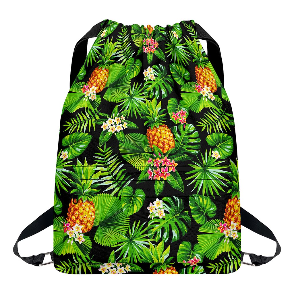 Black Hawaiian Pineapple Pattern Print Drawstring Backpack