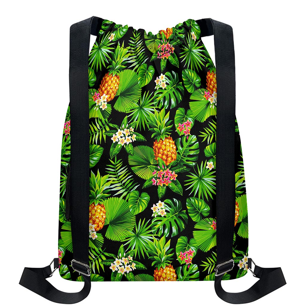 Black Hawaiian Pineapple Pattern Print Drawstring Backpack