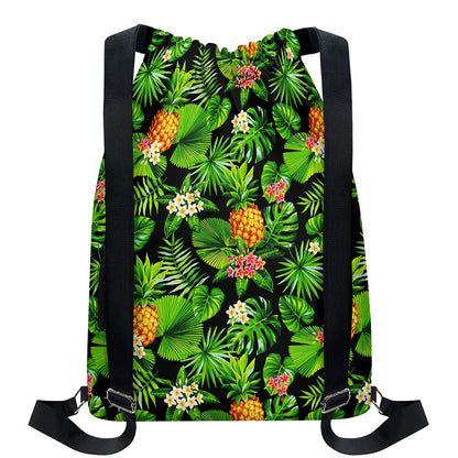 Black Hawaiian Pineapple Pattern Print Drawstring Backpack