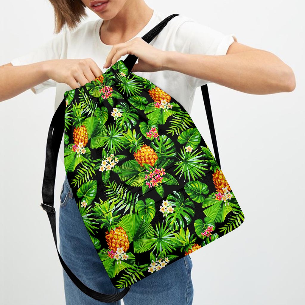 Black Hawaiian Pineapple Pattern Print Drawstring Backpack