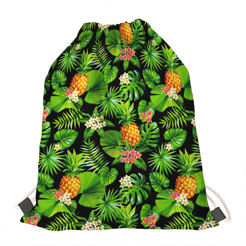 Black Hawaiian Pineapple Pattern Print Drawstring Bag