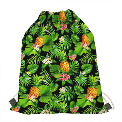 Black Hawaiian Pineapple Pattern Print Drawstring Bag