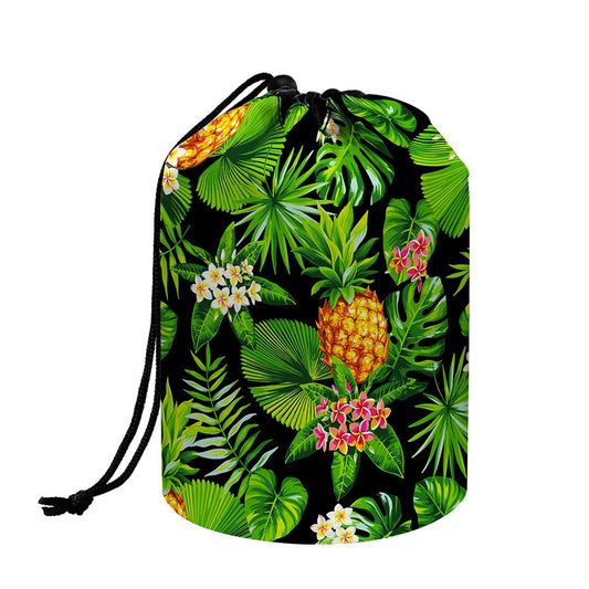 Black Hawaiian Pineapple Pattern Print Drawstring Makeup Bag