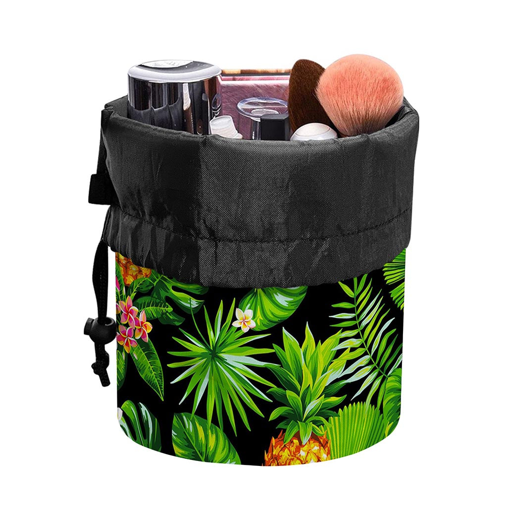 Black Hawaiian Pineapple Pattern Print Drawstring Makeup Bag