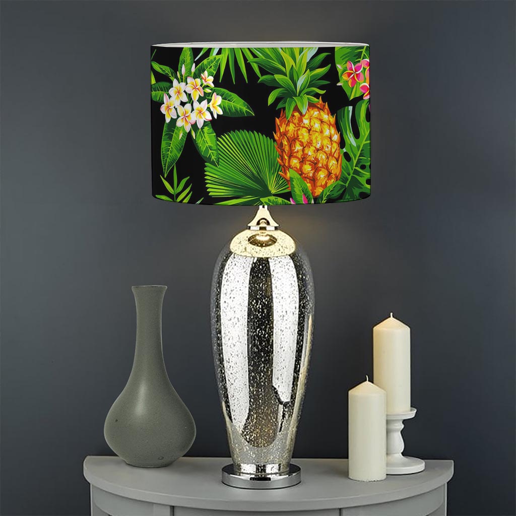 Black Hawaiian Pineapple Pattern Print Drum Lamp Shade