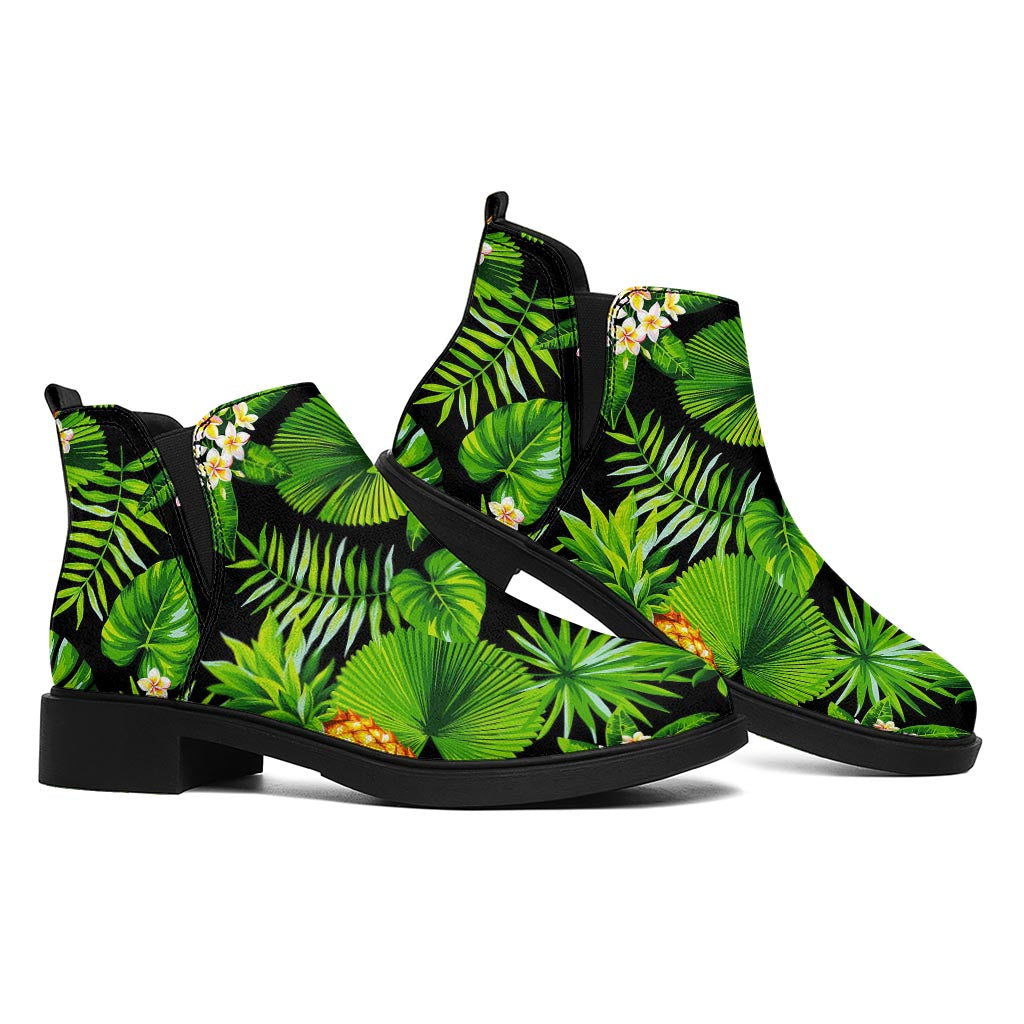 Black Hawaiian Pineapple Pattern Print Flat Ankle Boots