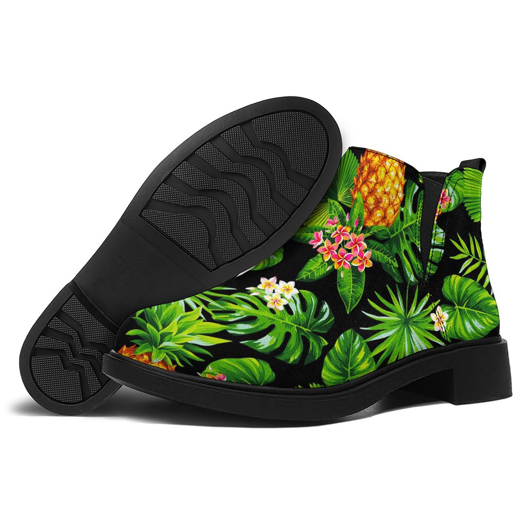 Black Hawaiian Pineapple Pattern Print Flat Ankle Boots