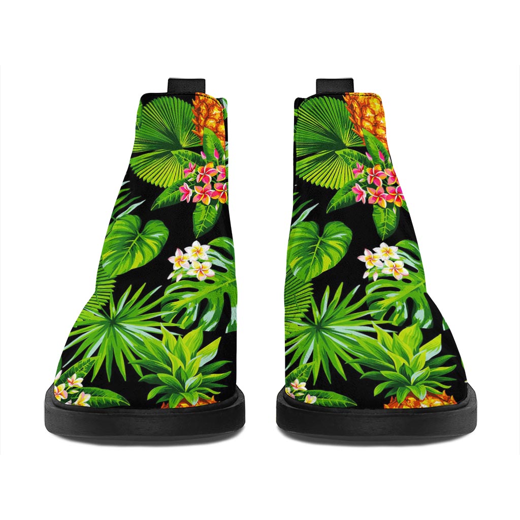 Black Hawaiian Pineapple Pattern Print Flat Ankle Boots