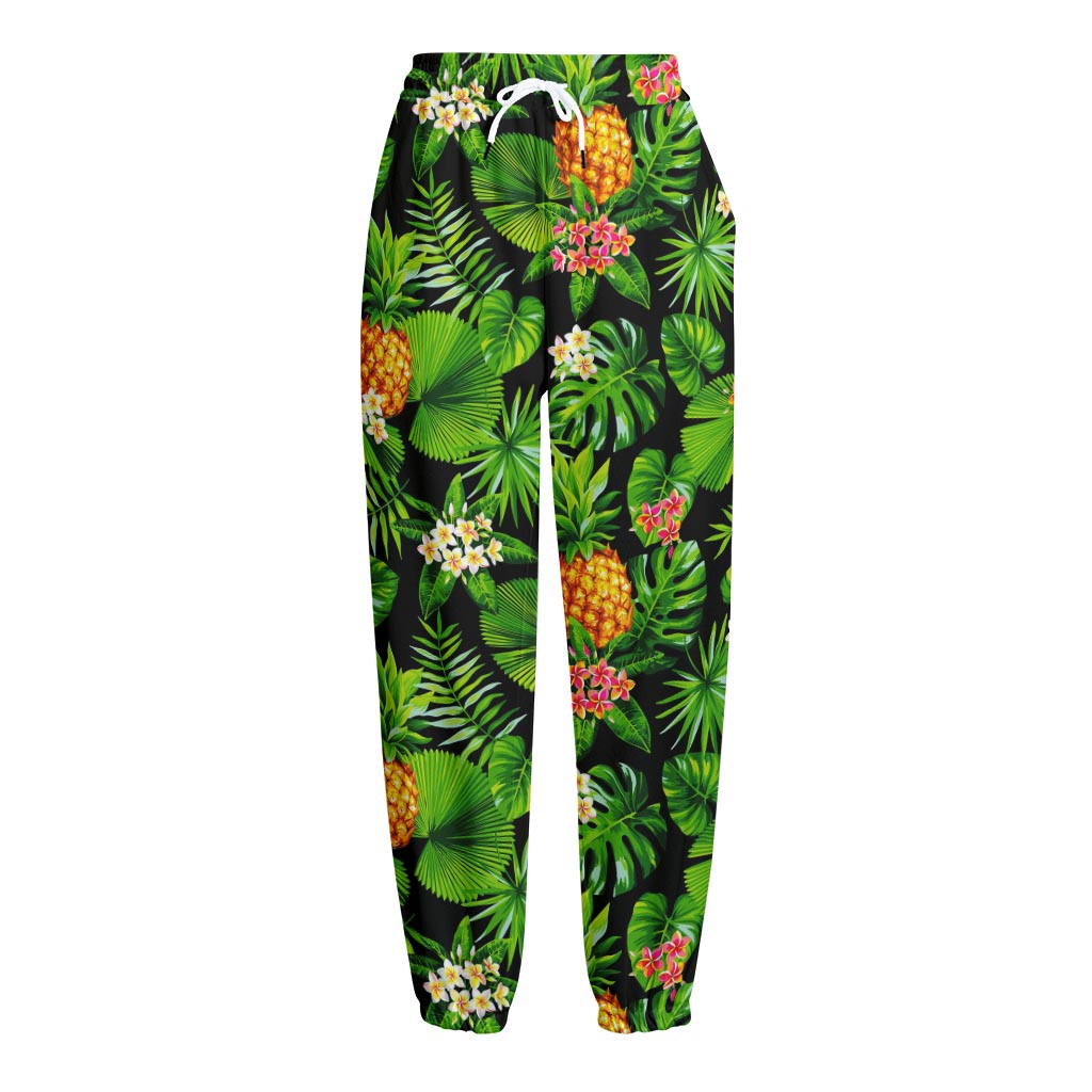 Black Hawaiian Pineapple Pattern Print Fleece Lined Knit Pants