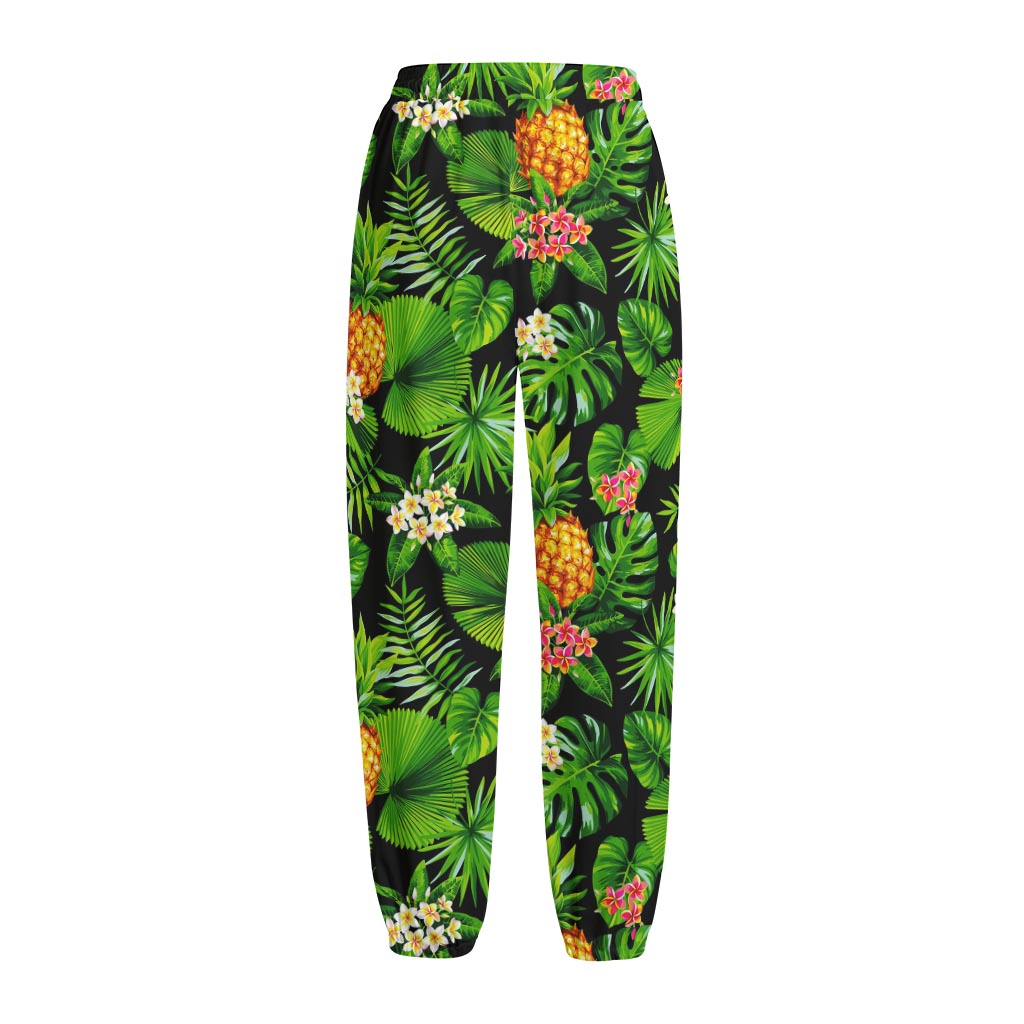 Black Hawaiian Pineapple Pattern Print Fleece Lined Knit Pants
