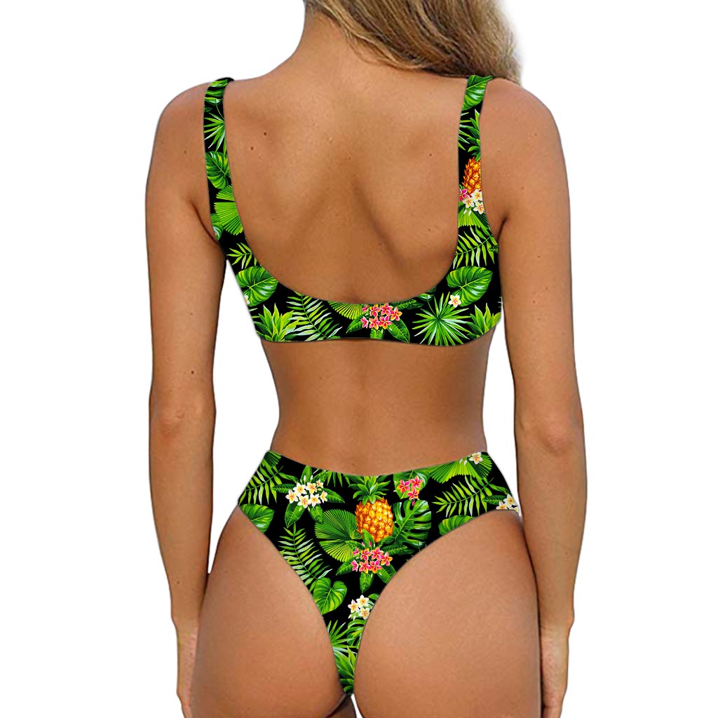 Black Hawaiian Pineapple Pattern Print Front Bow Tie Bikini