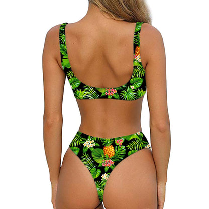 Black Hawaiian Pineapple Pattern Print Front Bow Tie Bikini