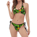Black Hawaiian Pineapple Pattern Print Halter Scoop Tie Side Bikini
