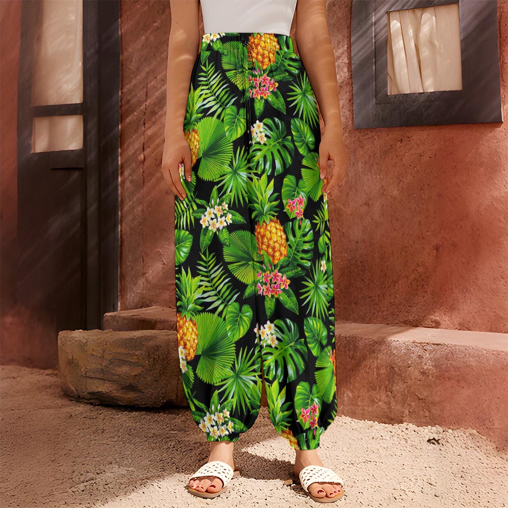 Black Hawaiian Pineapple Pattern Print Harem Pants