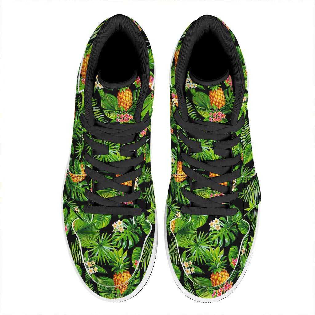 Black Hawaiian Pineapple Pattern Print High Top Leather Sneakers