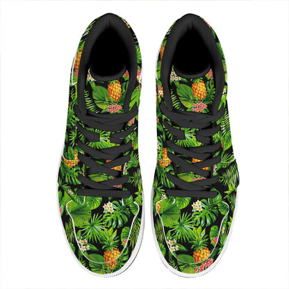 Black Hawaiian Pineapple Pattern Print High Top Leather Sneakers