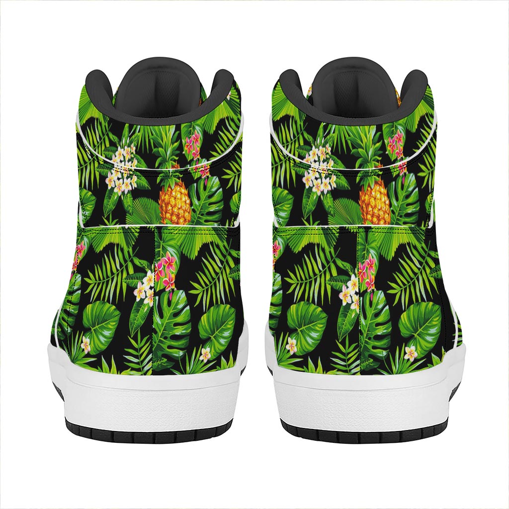 Black Hawaiian Pineapple Pattern Print High Top Leather Sneakers