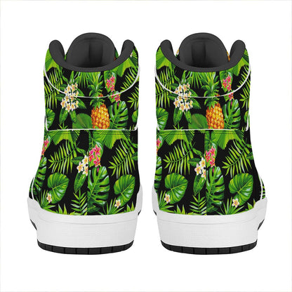 Black Hawaiian Pineapple Pattern Print High Top Leather Sneakers