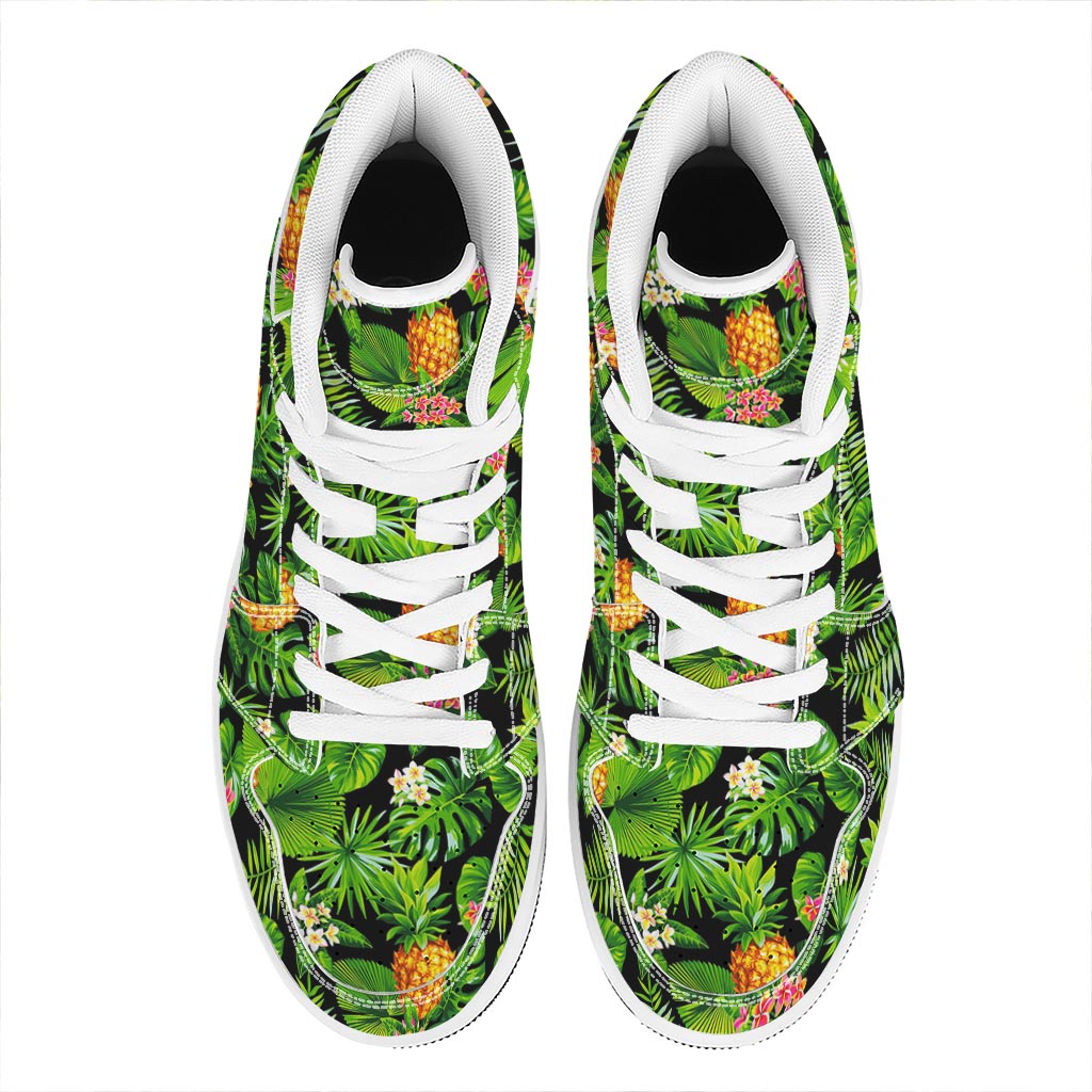 Black Hawaiian Pineapple Pattern Print High Top Leather Sneakers
