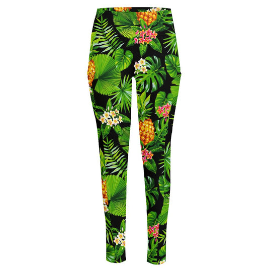 Black Hawaiian Pineapple Pattern Print High-Waisted Pocket Leggings