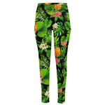 Black Hawaiian Pineapple Pattern Print High-Waisted Pocket Leggings