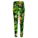 Black Hawaiian Pineapple Pattern Print High-Waisted Pocket Leggings