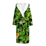 Black Hawaiian Pineapple Pattern Print Hooded Bathrobe