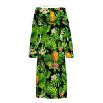 Black Hawaiian Pineapple Pattern Print Hooded Bathrobe