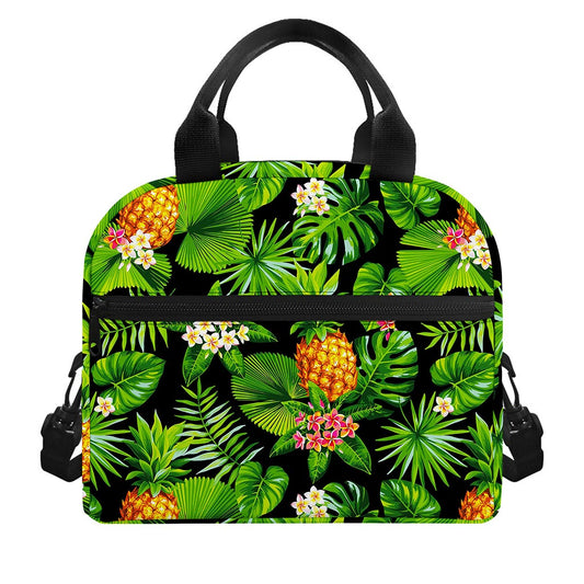 Black Hawaiian Pineapple Pattern Print Insulated Lunch Bag