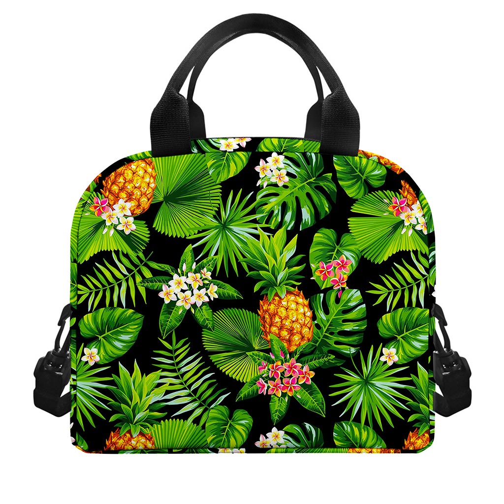 Black Hawaiian Pineapple Pattern Print Insulated Lunch Bag