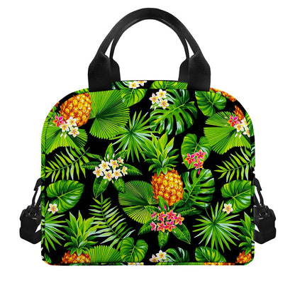 Black Hawaiian Pineapple Pattern Print Insulated Lunch Bag