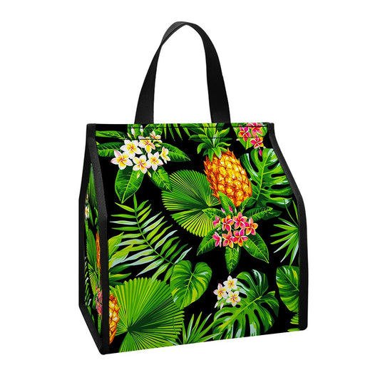 Black Hawaiian Pineapple Pattern Print Insulated Lunch Tote