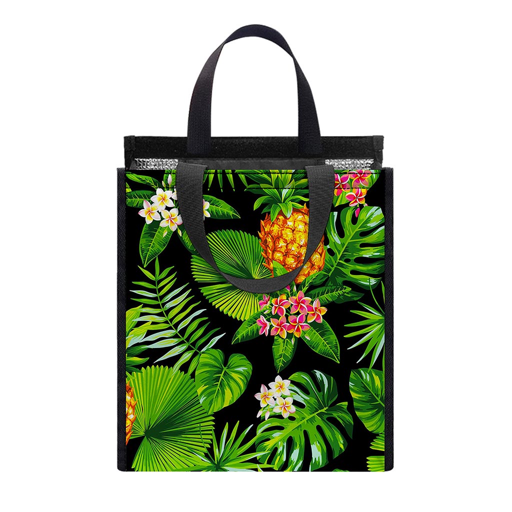 Black Hawaiian Pineapple Pattern Print Insulated Lunch Tote