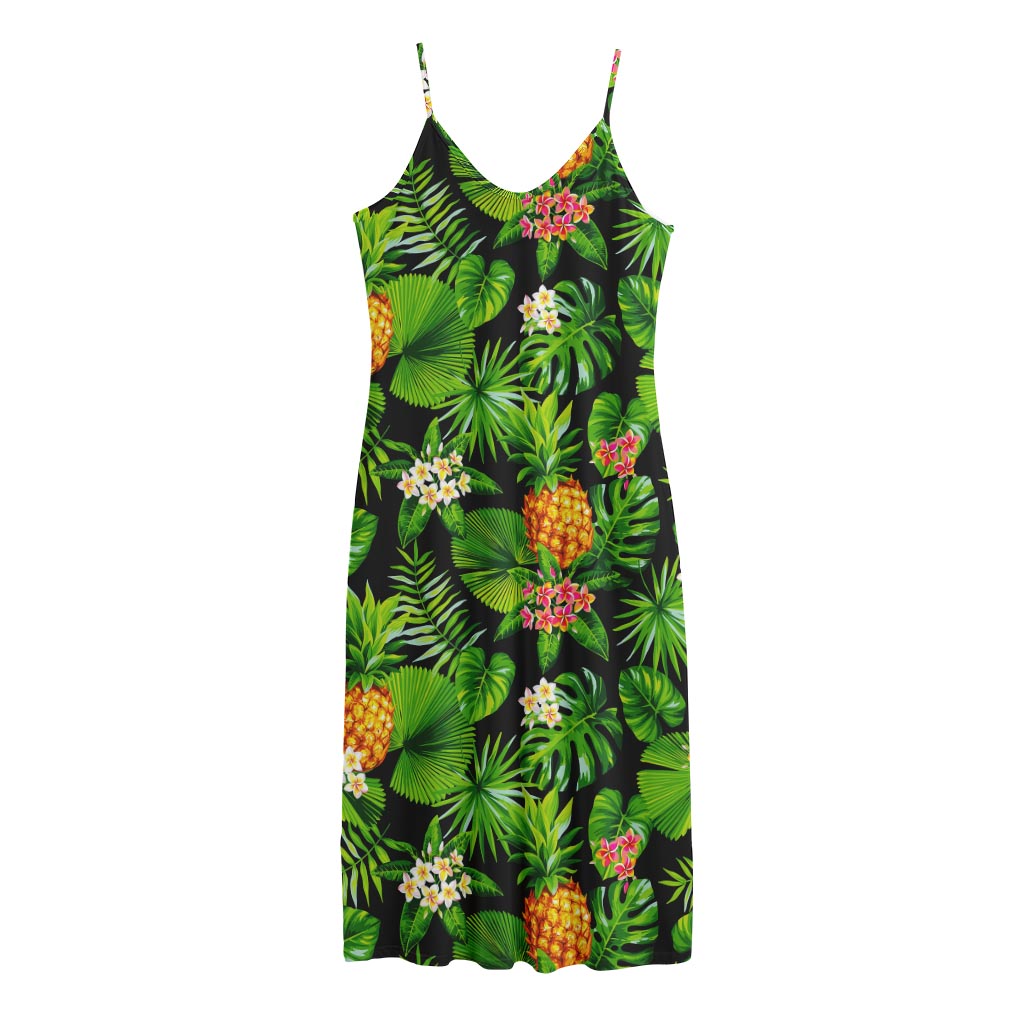 Black Hawaiian Pineapple Pattern Print Jersey Midi Cami Dress