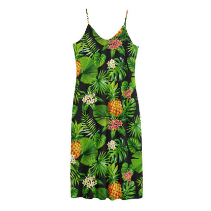 Black Hawaiian Pineapple Pattern Print Jersey Midi Cami Dress