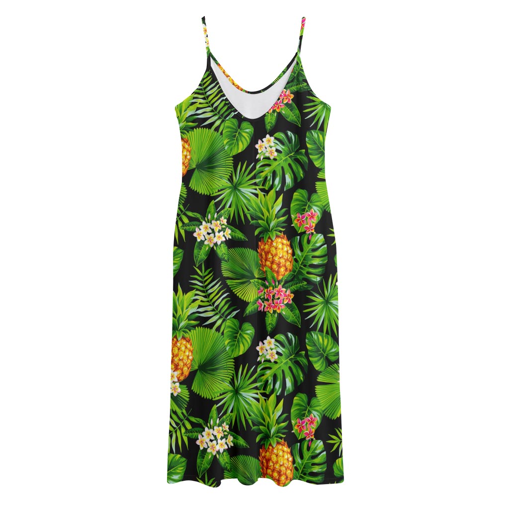 Black Hawaiian Pineapple Pattern Print Jersey Midi Cami Dress